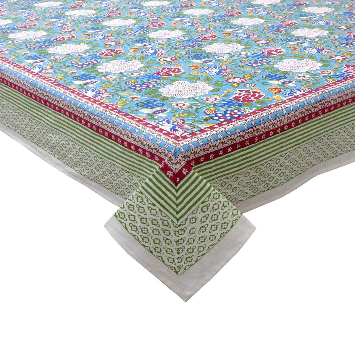 Square Tablecloth in Cotton Hand Block Printed Cotton Tablecloth 150x150 cms  Floral Canvas Blue Jade Gud 206865