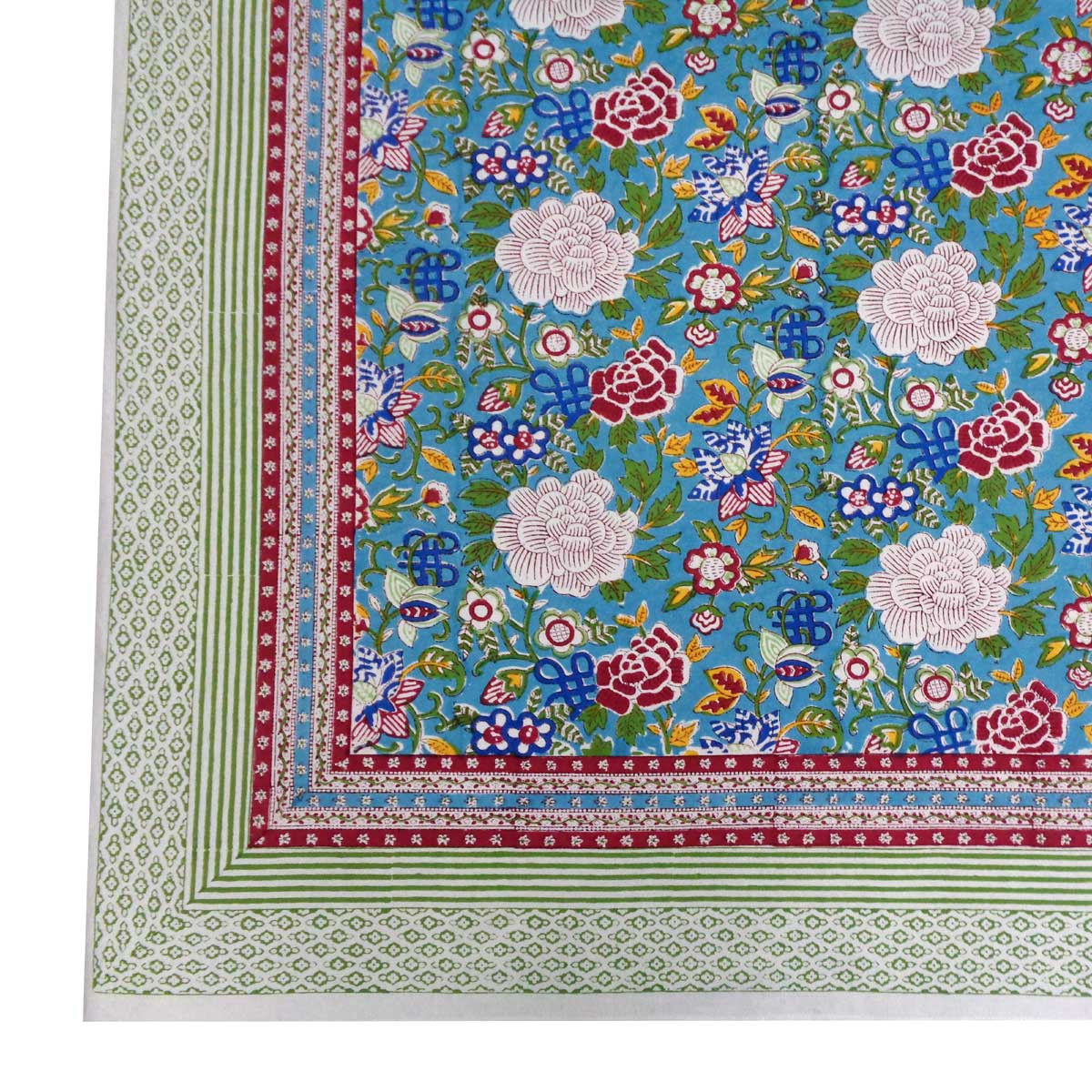 Square Tablecloth in Cotton Hand Block Printed Cotton Tablecloth 150x150 cms  Floral Canvas Blue Jade Gud 206865