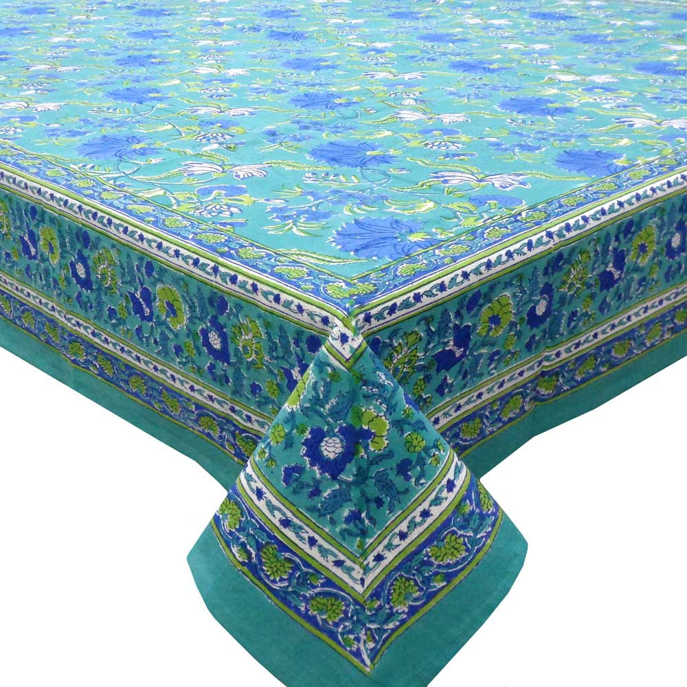 Square Tablecloth in Cotton Hand Block Printed Cotton Tablecloth 150x150 cms  Flower Blossom Sea Green Gud 106040