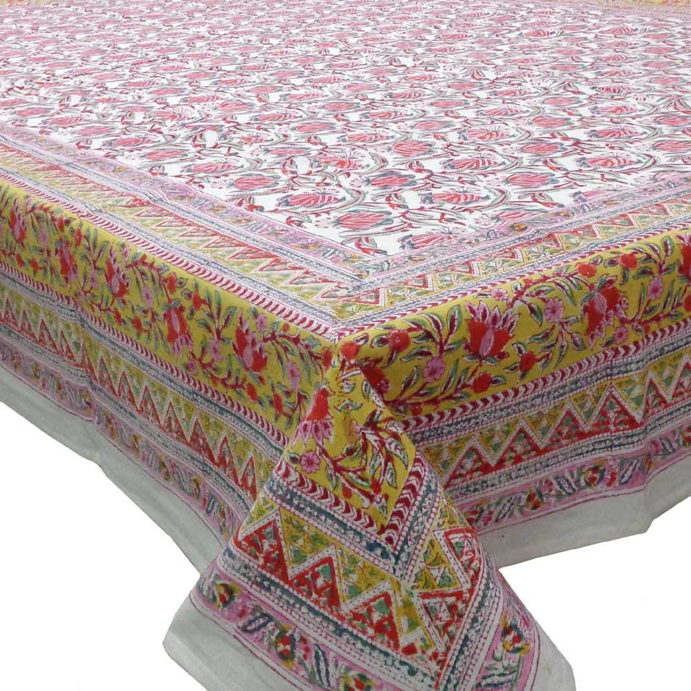 Square Tablecloth in Cotton Hand Block Printed Cotton Tablecloth 150x150 cms  Frost Mustard Floral Open 100977