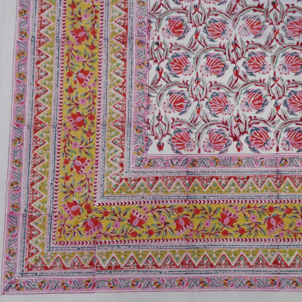 Square Tablecloth in Cotton Hand Block Printed Cotton Tablecloth 150x150 cms  Frost Mustard Floral Open 100977