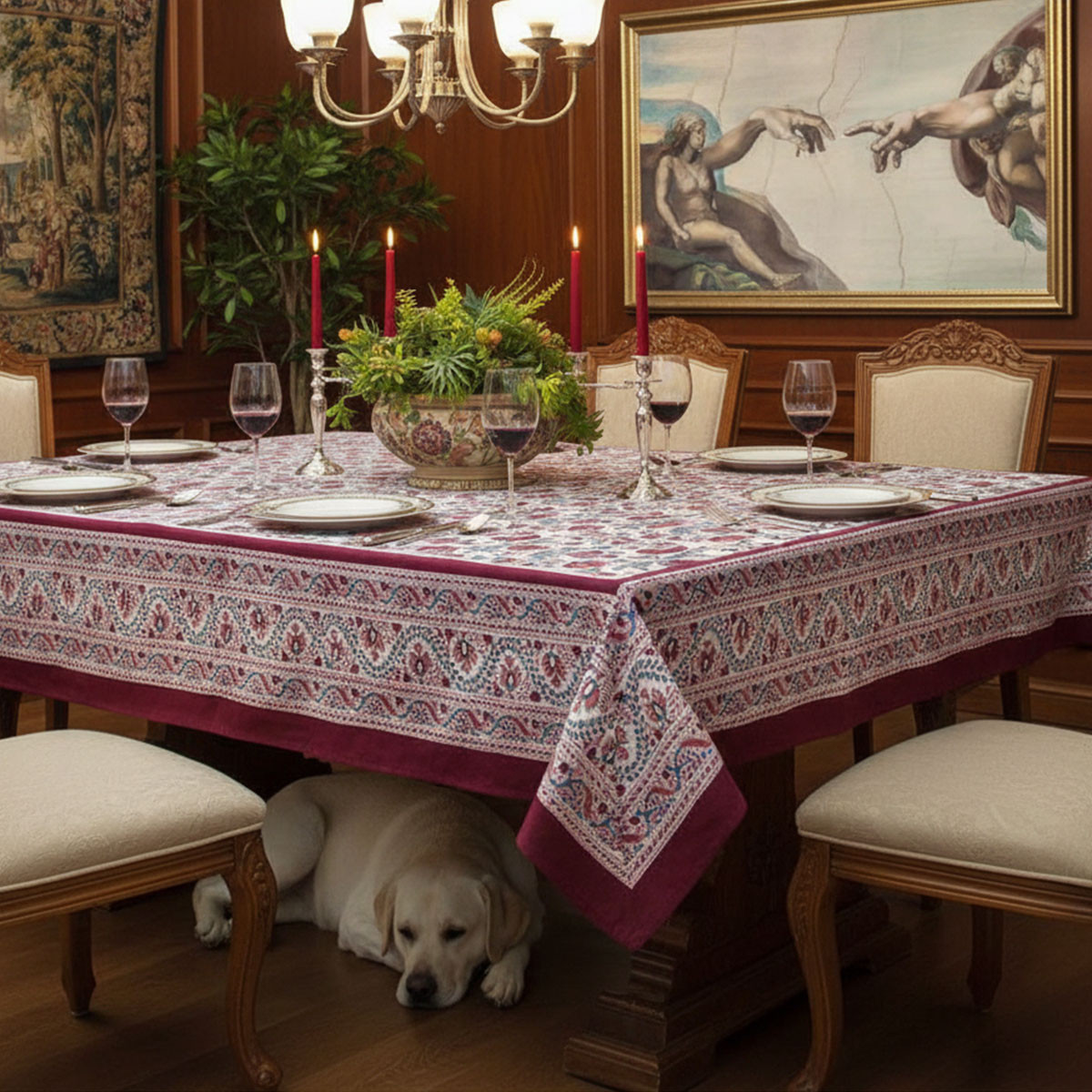 Square Tablecloth in Cotton Hand Block Printed Cotton Tablecloth 150x150 cms  Rukhsana Maroon Open 103616