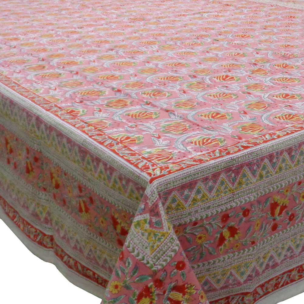 Tablecloth 12 seater in Cotton Hand Block Printed Cotton Tablecloth 180x340 Frost Pink Floral 202816