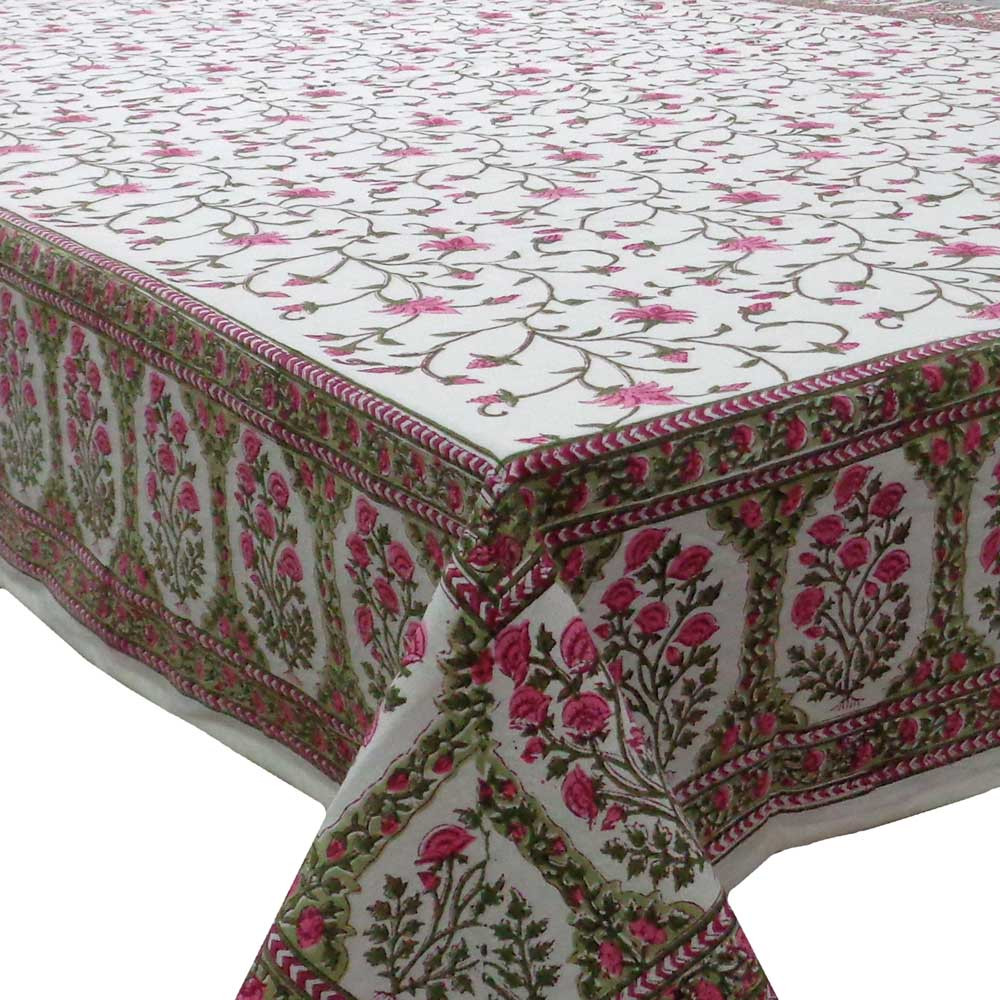 Image of Tablecloth 12 seater in Cotton Hand Block Printed Cotton Tablecloth 180x340 cm | Floral Bale Pink 103562