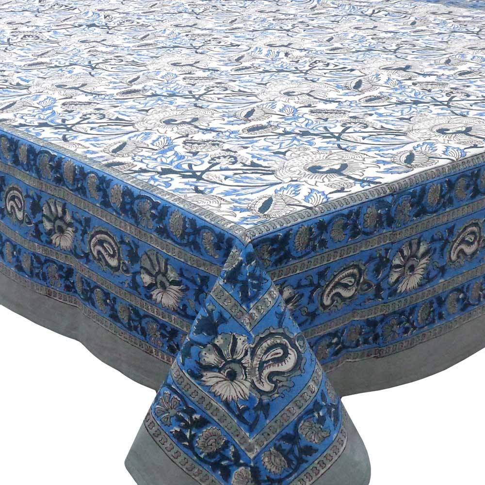 Tablecloth 12 seater in Cotton Hand Block Printed Cotton Tablecloth 180x340 cms Amarnath Grey Open 108997