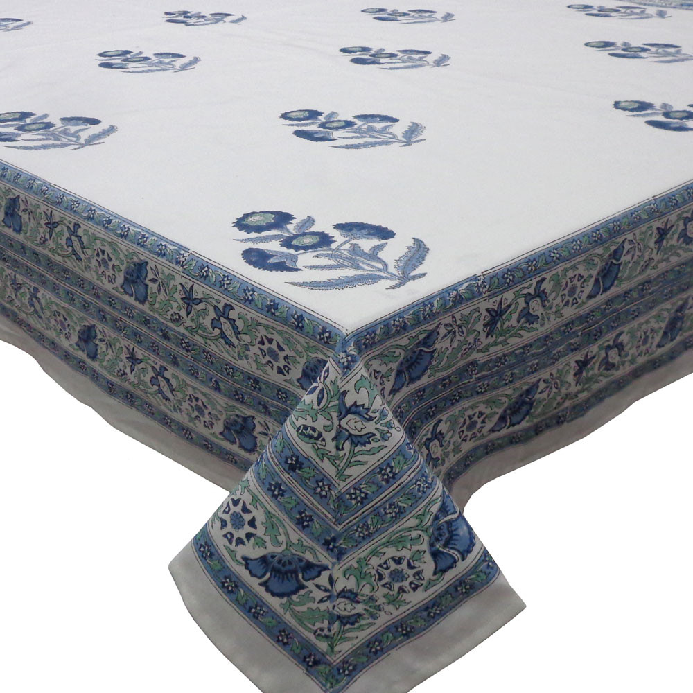Tablecloth 12 seater in Cotton Hand Block Printed Cotton Tablecloth 180x340 cms Boota Blue 204108