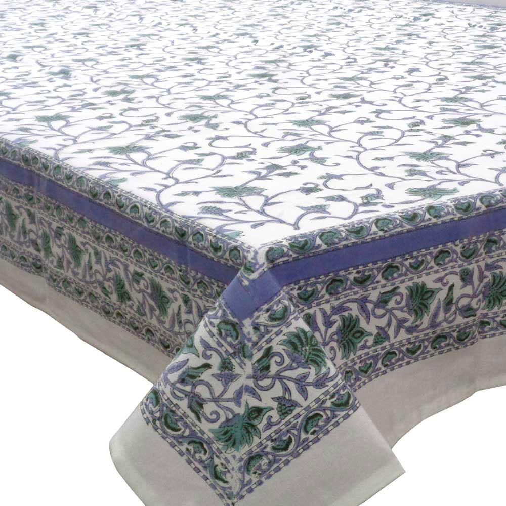 Tablecloth 12 seater in Cotton Hand Block Printed Cotton Tablecloth 180x340 cms Floral Bale Blue 201452