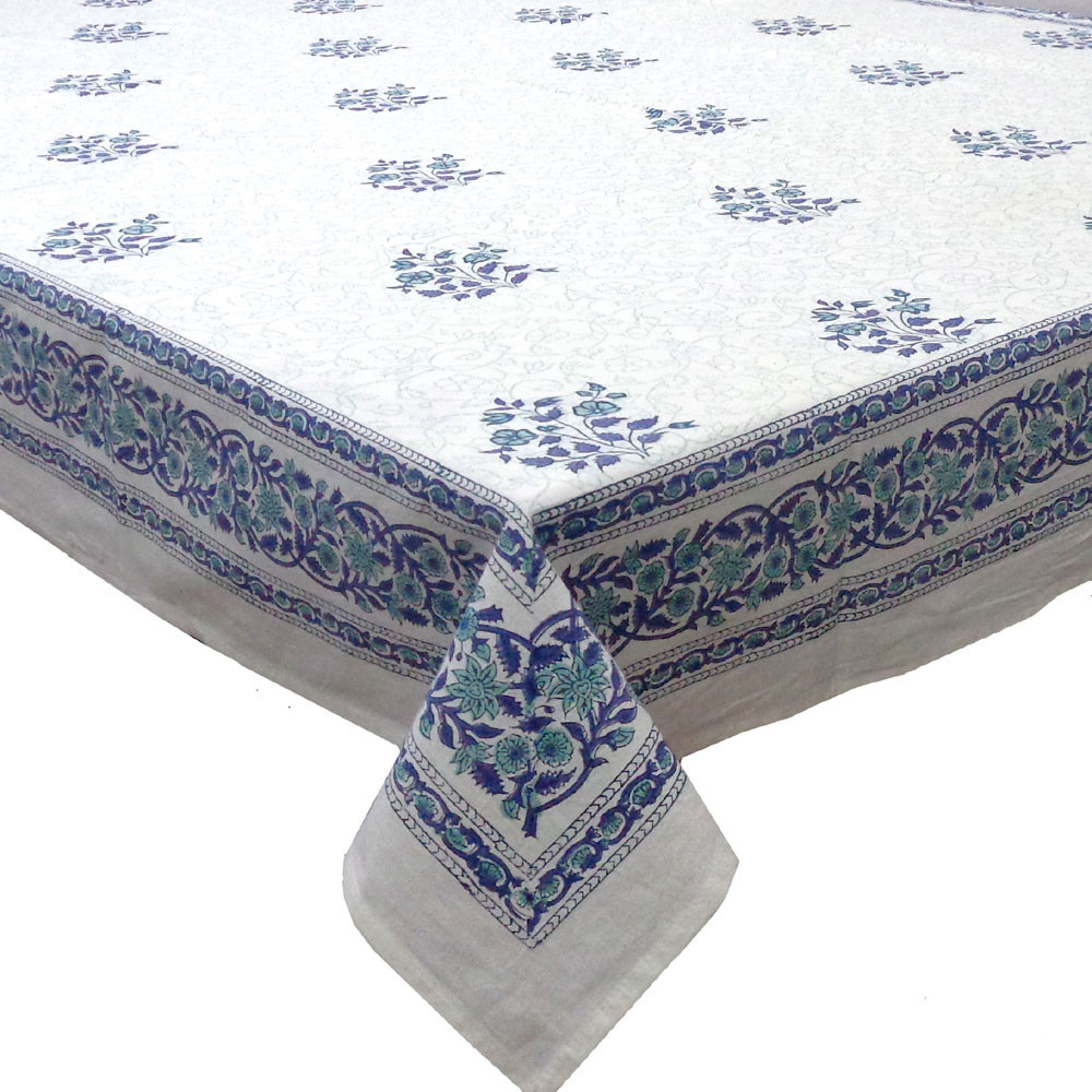 Image of Tablecloth 12 seater in Cotton Hand Block Printed Cotton Tablecloth 180x340 cms | Floral Kali Blue Boota 309470