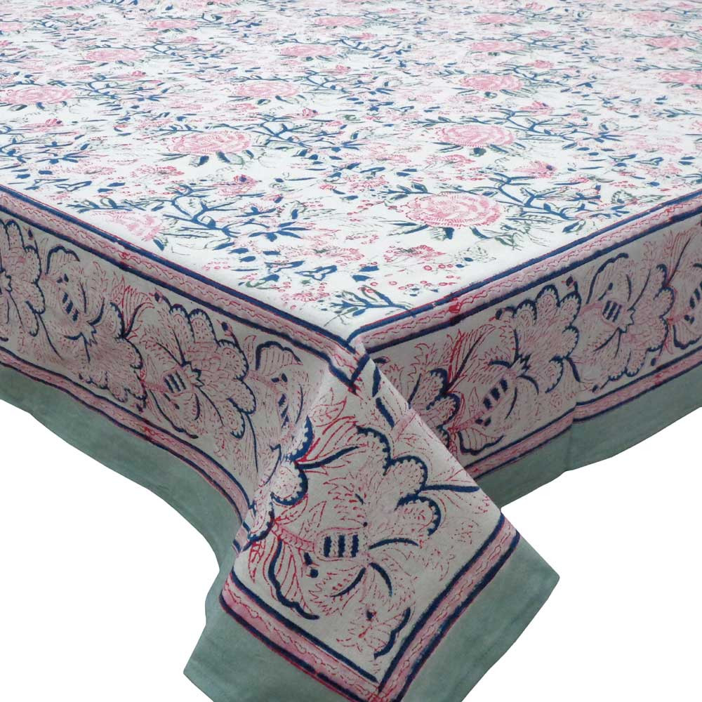 Tablecloth 12 seater in Cotton Hand Block Printed Cotton Tablecloth 180x340 cms Naya Gulab Open 105196