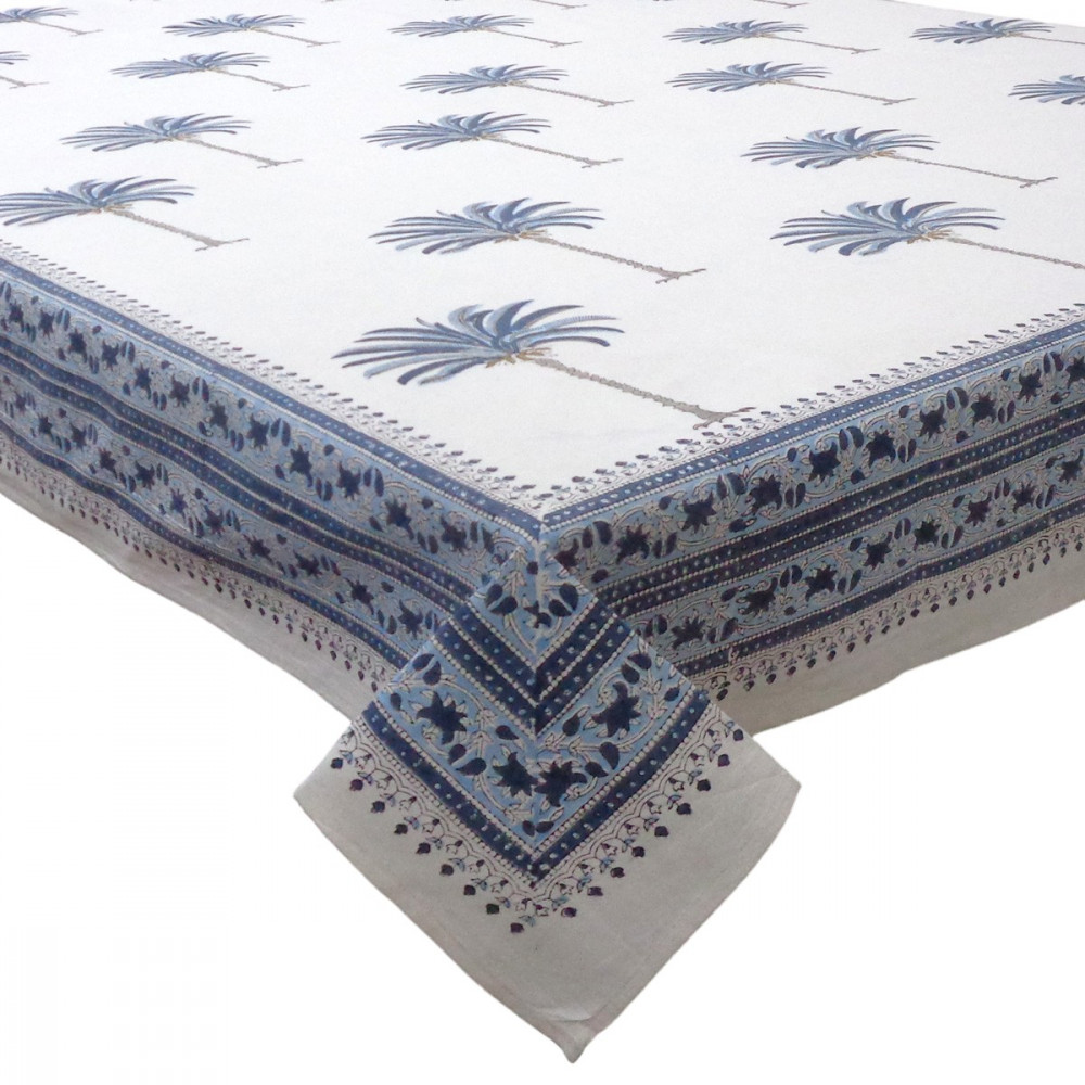 Image of Tablecloth 12 seater in Cotton Hand Block Printed Cotton Tablecloth 180x340 cms | Palm Tree Blue 109022