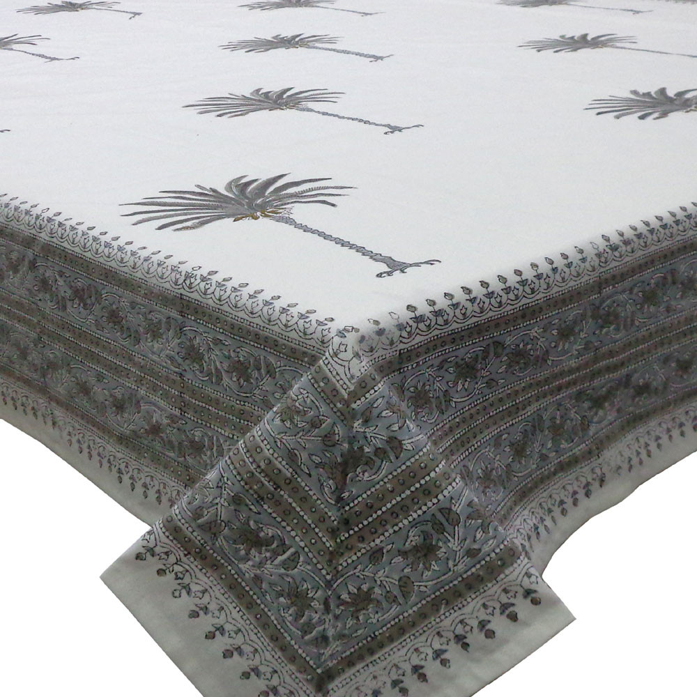 Tablecloth 12 seater in Cotton Hand Block Printed Cotton Tablecloth 180x340 cms  Palm Tree Grey 105175