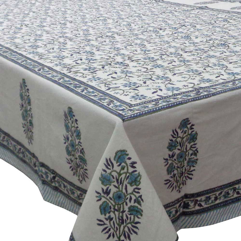 Image of Tablecloth 12 seater in Cotton Hand Block Printed Cotton Tablecloth 180x340 cms | Ragini Blue 106149