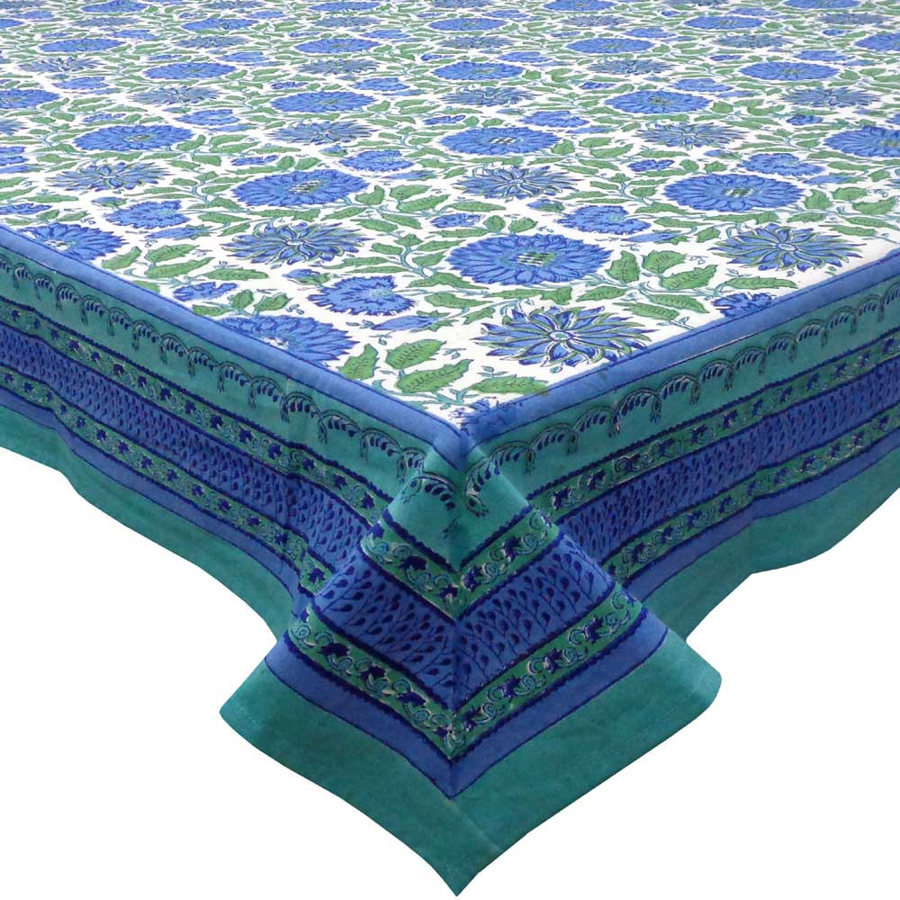 Image of Tablecloth 12 seater in Cotton Hand Block Printed Cotton Tablecloth 180x340 cms | Surajmukhi Blue Open 207560