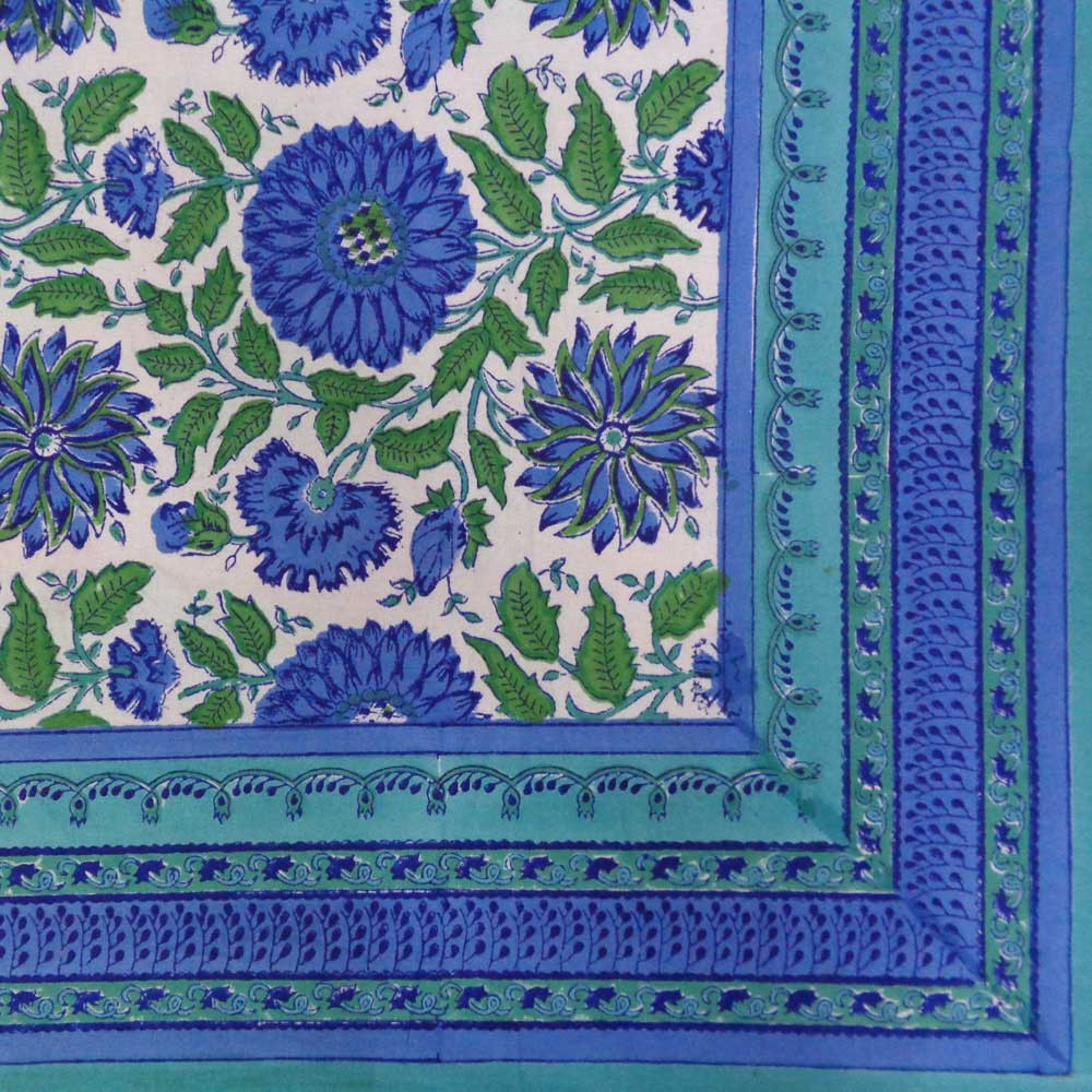 Tablecloth 12 seater in Cotton Hand Block Printed Cotton Tablecloth 180x340 cms Surajmukhi Blue Open 207560