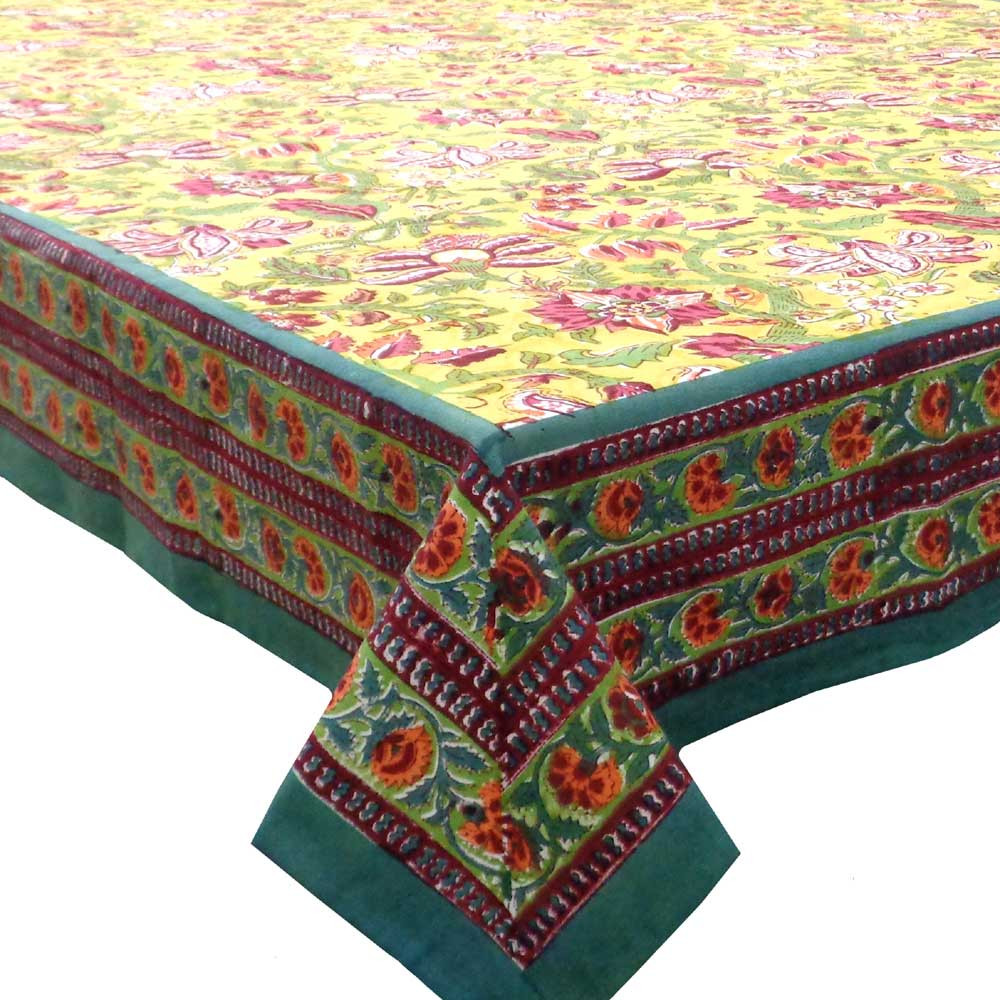 Tablecloth 8 seater in Cotton Hand Block Printed Cotton Tablecloth 180x340 cms Anarkali Lime Gud 102365