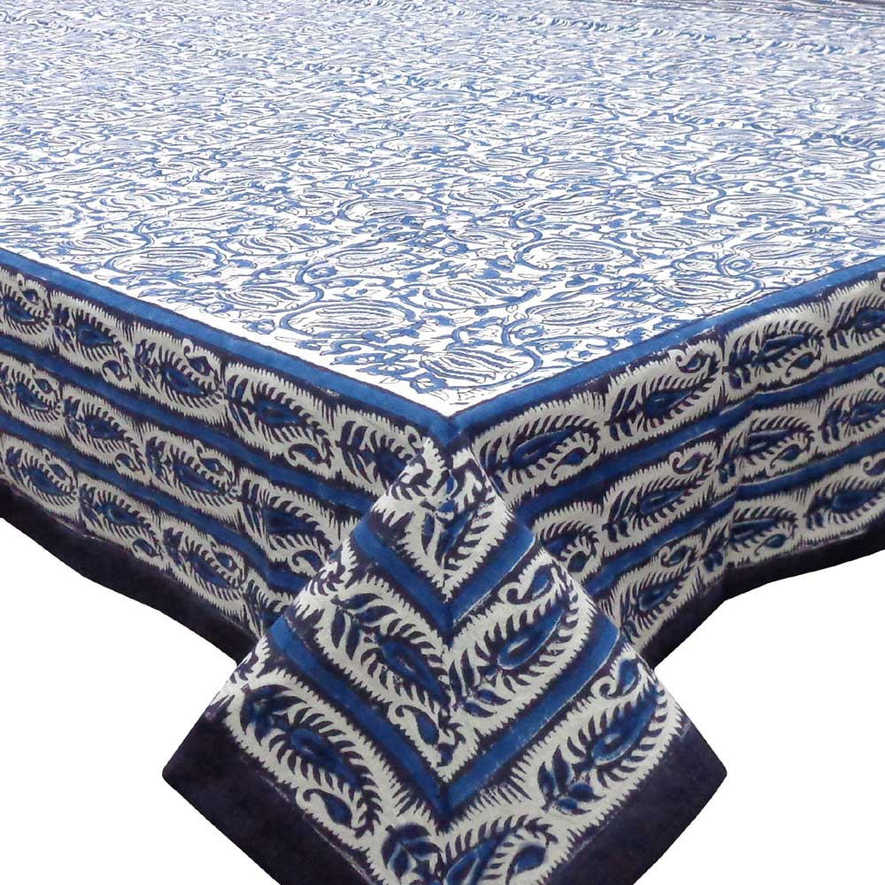 Image of Tablecloth 8 seater in Cotton Hand Block Printed Cotton Tablecloth 180x340 cms | Two Lotus Blue 106611