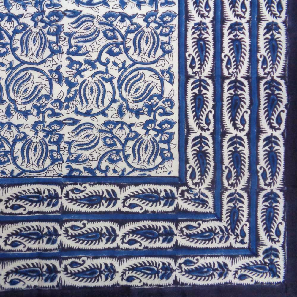 Tablecloth 8 seater in Cotton Hand Block Printed Cotton Tablecloth 180x340 cms Two Lotus Blue 106611