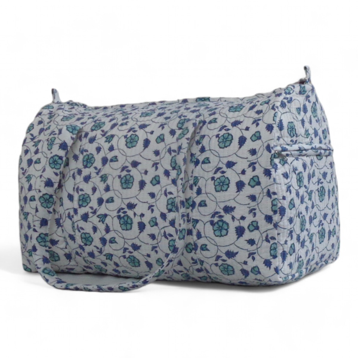 Block Printed Cotton Weekender Bag Floral Kali Blue