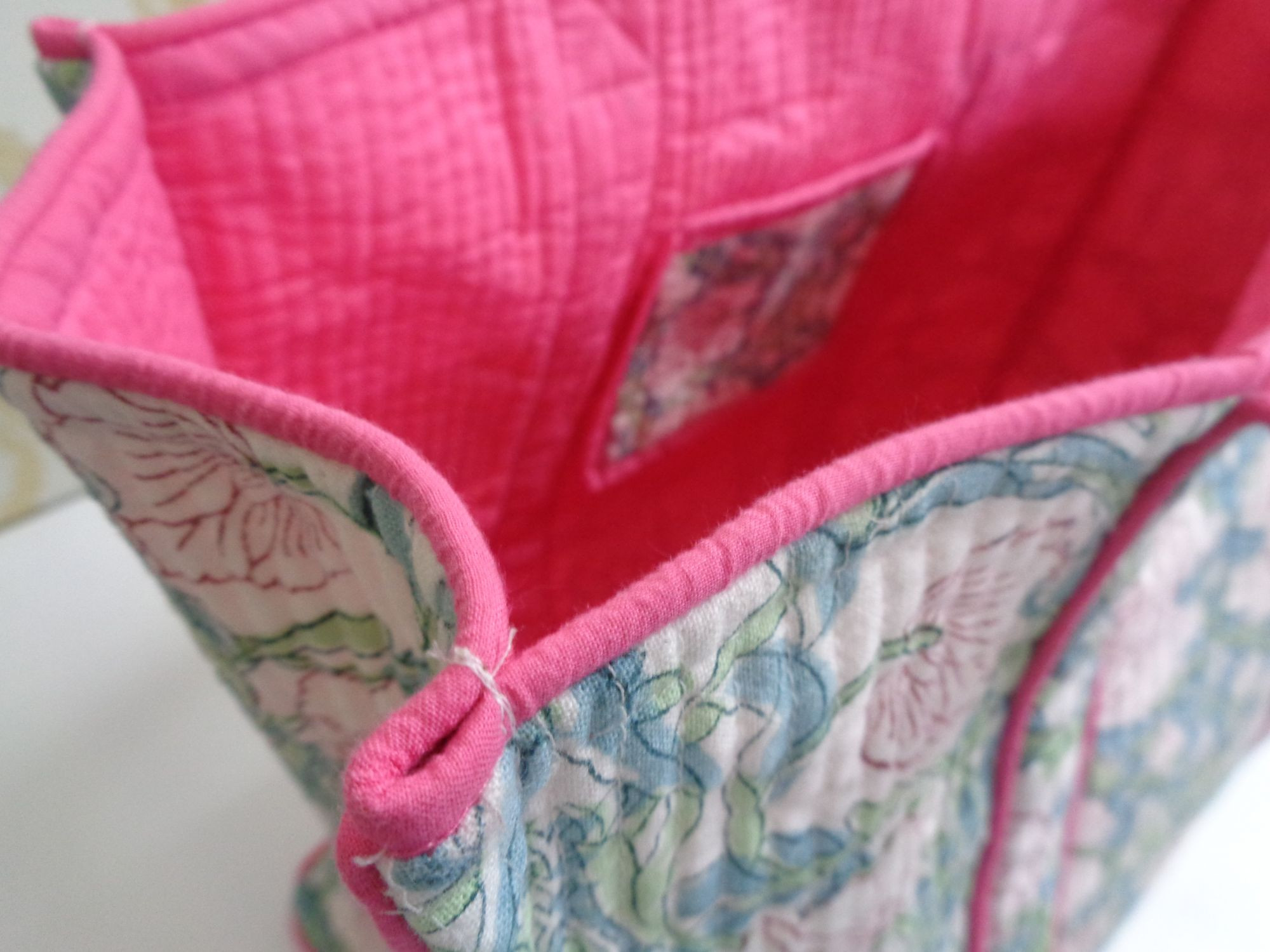 Hand Block Printed Cotton Quilted Tote Bag Bauhaus Pink Open