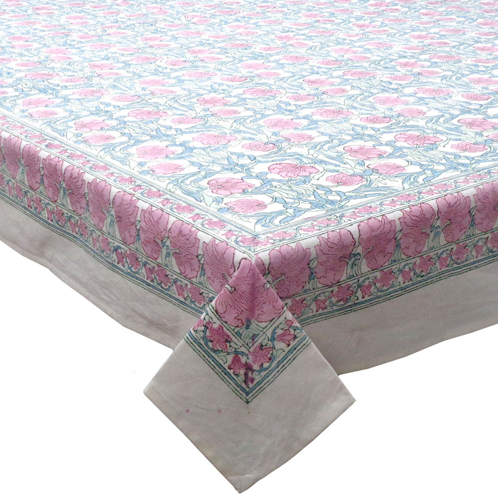 Wood Block Printed Handmade Tablecloth 150x220 cms  Bauhaus Pink Flower 601774