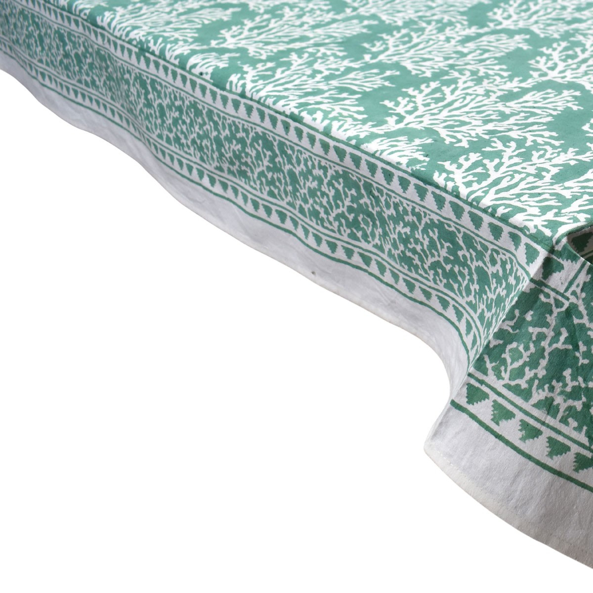 Wood Block Printed Handmade Tablecloth 150x220 cms Coral Green 202530
