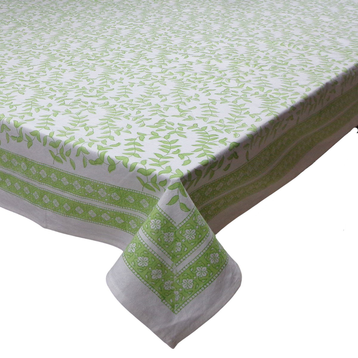 Wood Block Printed Handmade Tablecloth 150x220 cms  Green Vine Harmony 202407