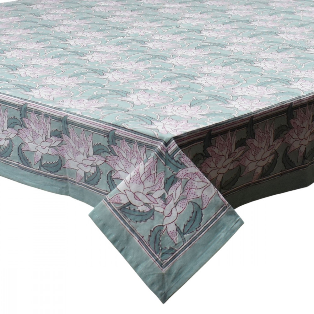 Image of Wood Block Printed Handmade Tablecloth 150x220 cms | Japan Lotus Green 202501