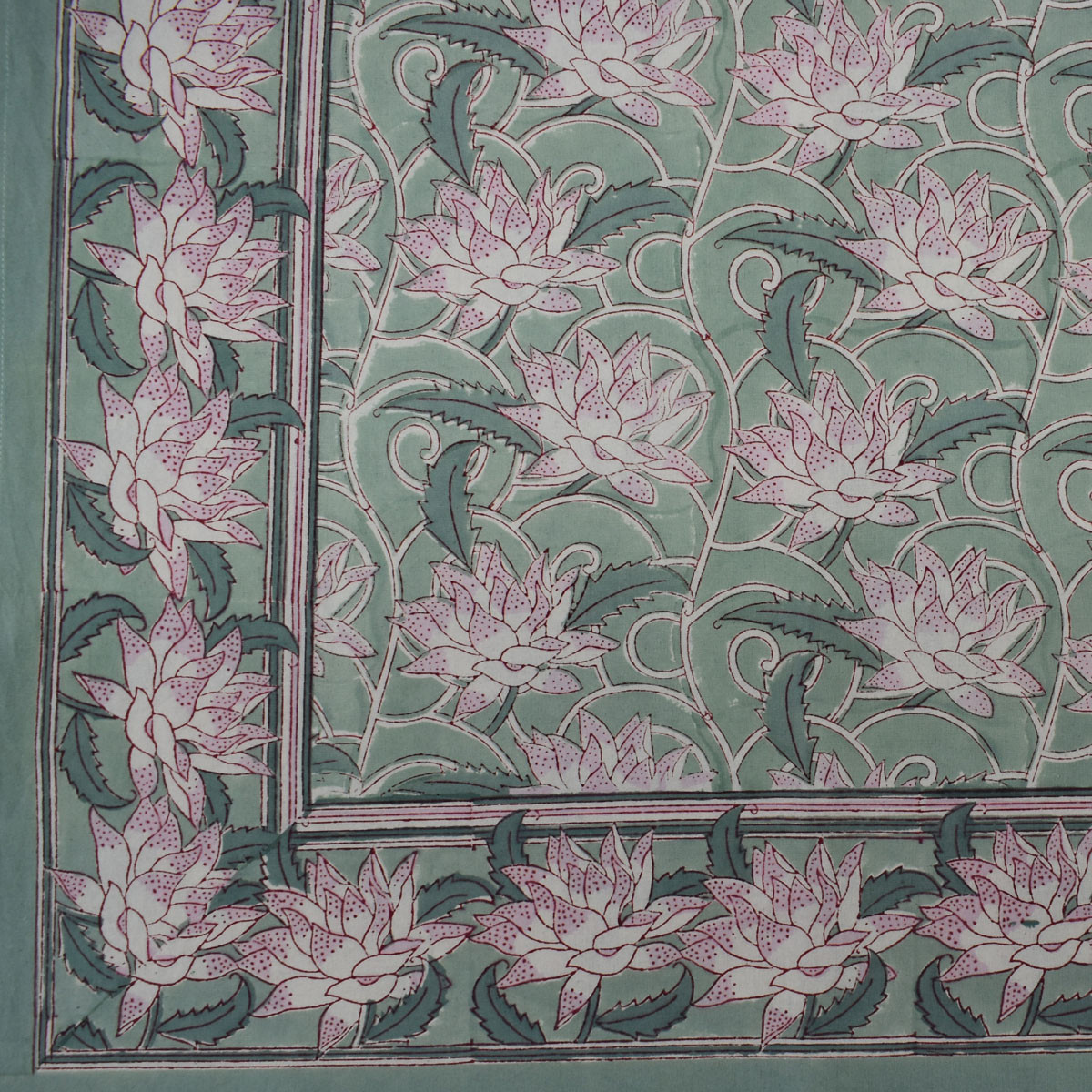 Wood Block Printed Handmade Tablecloth 150x220 cms  Japan Lotus Green 202501