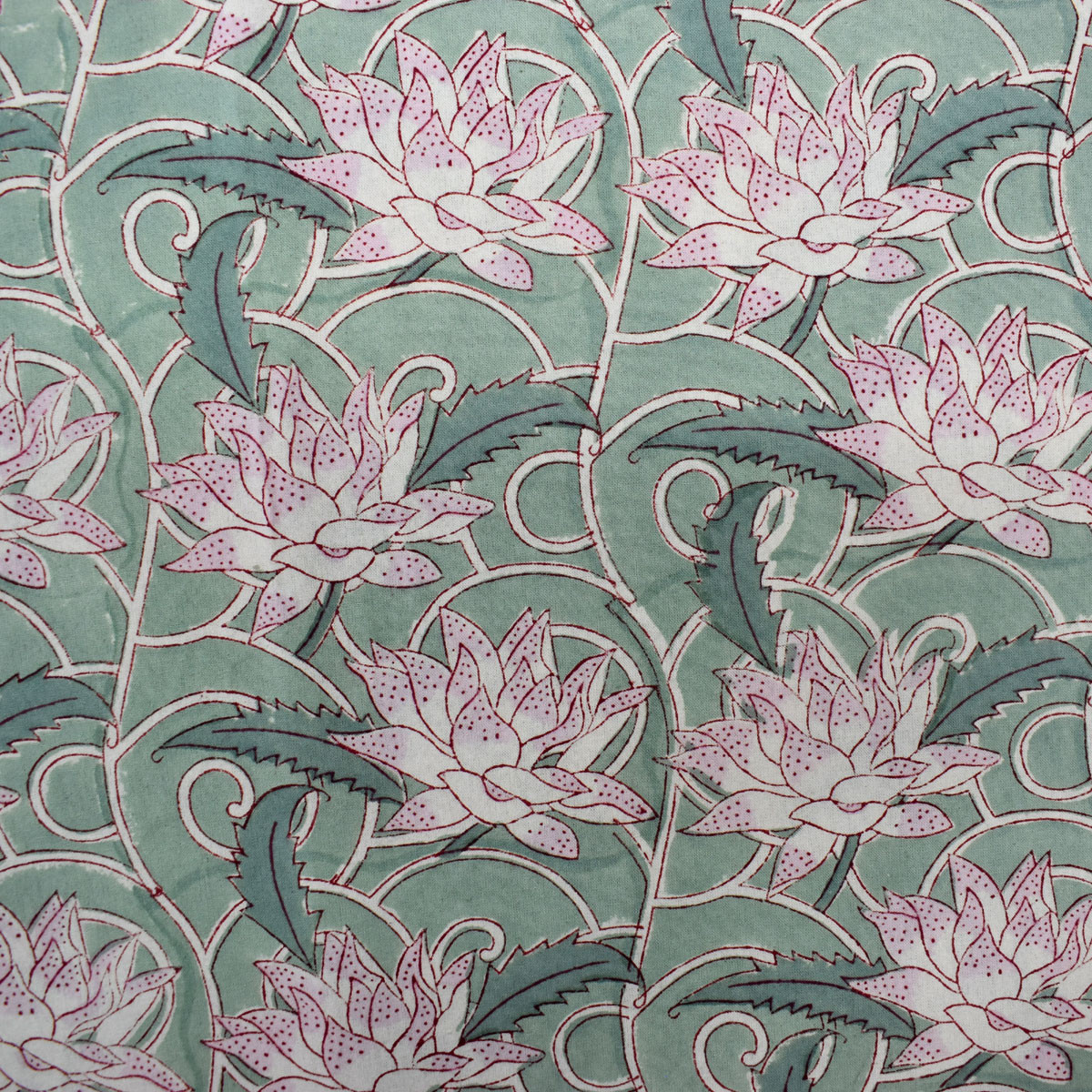 Wood Block Printed Handmade Tablecloth 150x220 cms Japan Lotus Green 202501