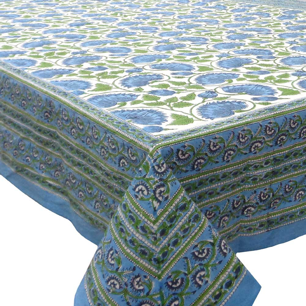 Wood Block Printed Handmade Tablecloth 150x220 cms Kamal Aqua Open 106099