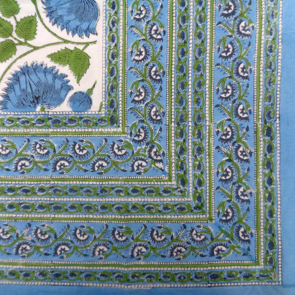 Wood Block Printed Handmade Tablecloth 150x220 cms Kamal Aqua Open 106099