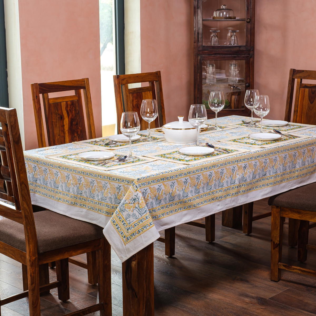 Wood Block Printed Handmade Tablecloth 150x220 cms Lilas Amber 202507