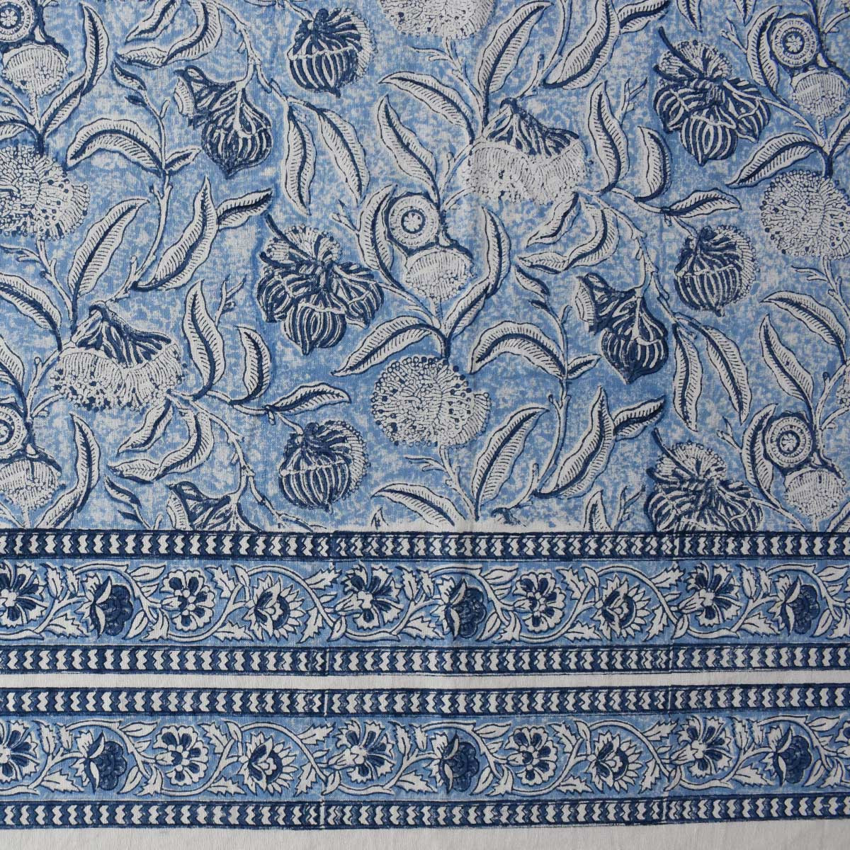 Wood Block Printed Handmade Tablecloth 150x220 cms Meadow Song Blue 202513