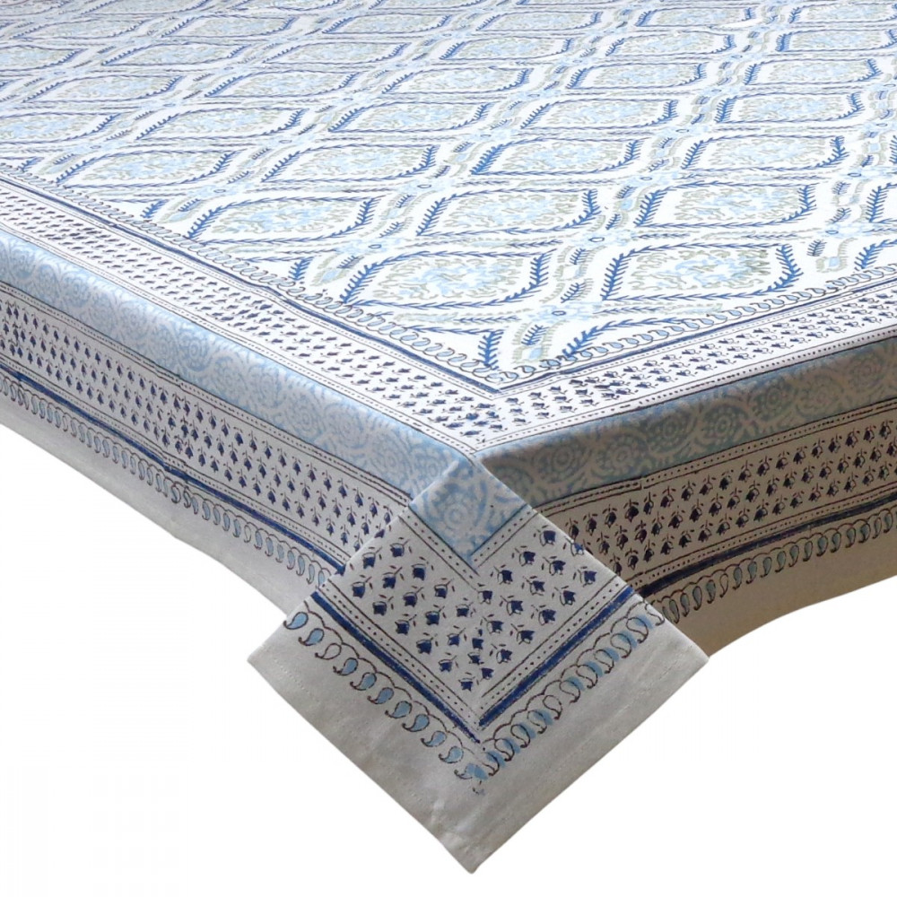 Image of Wood Block Printed Handmade Tablecloth 150x220 cms | Ogee Cerulean Blue 202518