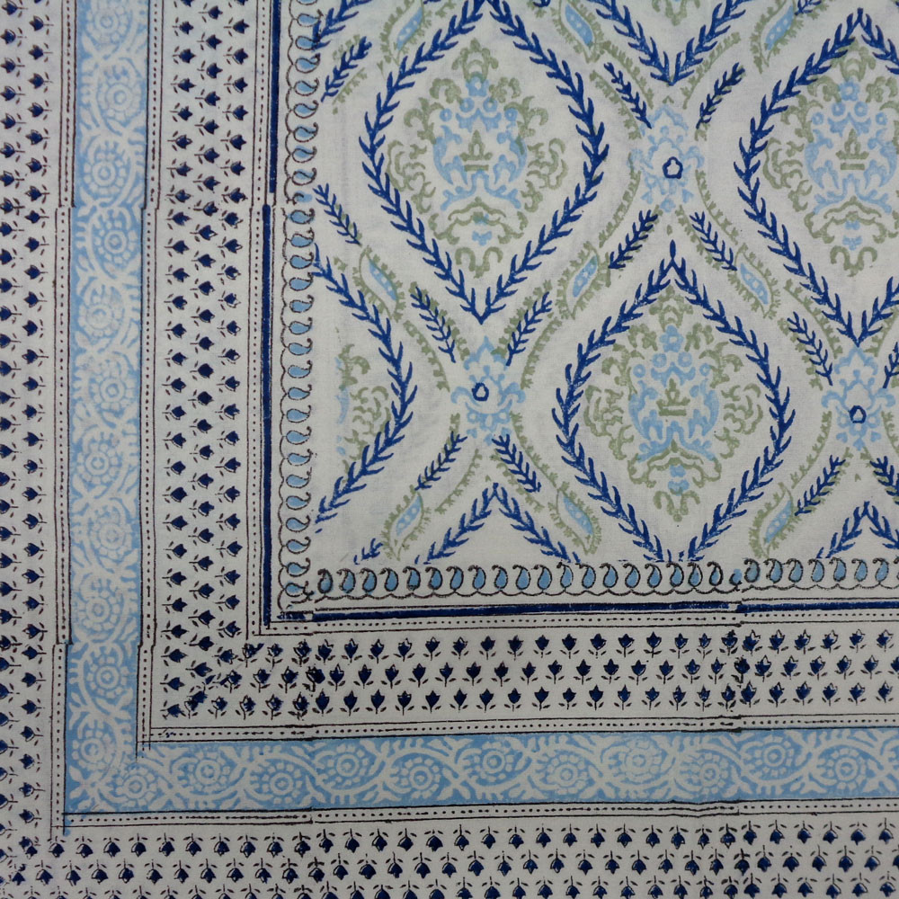 Wood Block Printed Handmade Tablecloth 150x220 cms  Ogee Cerulean Blue 202518