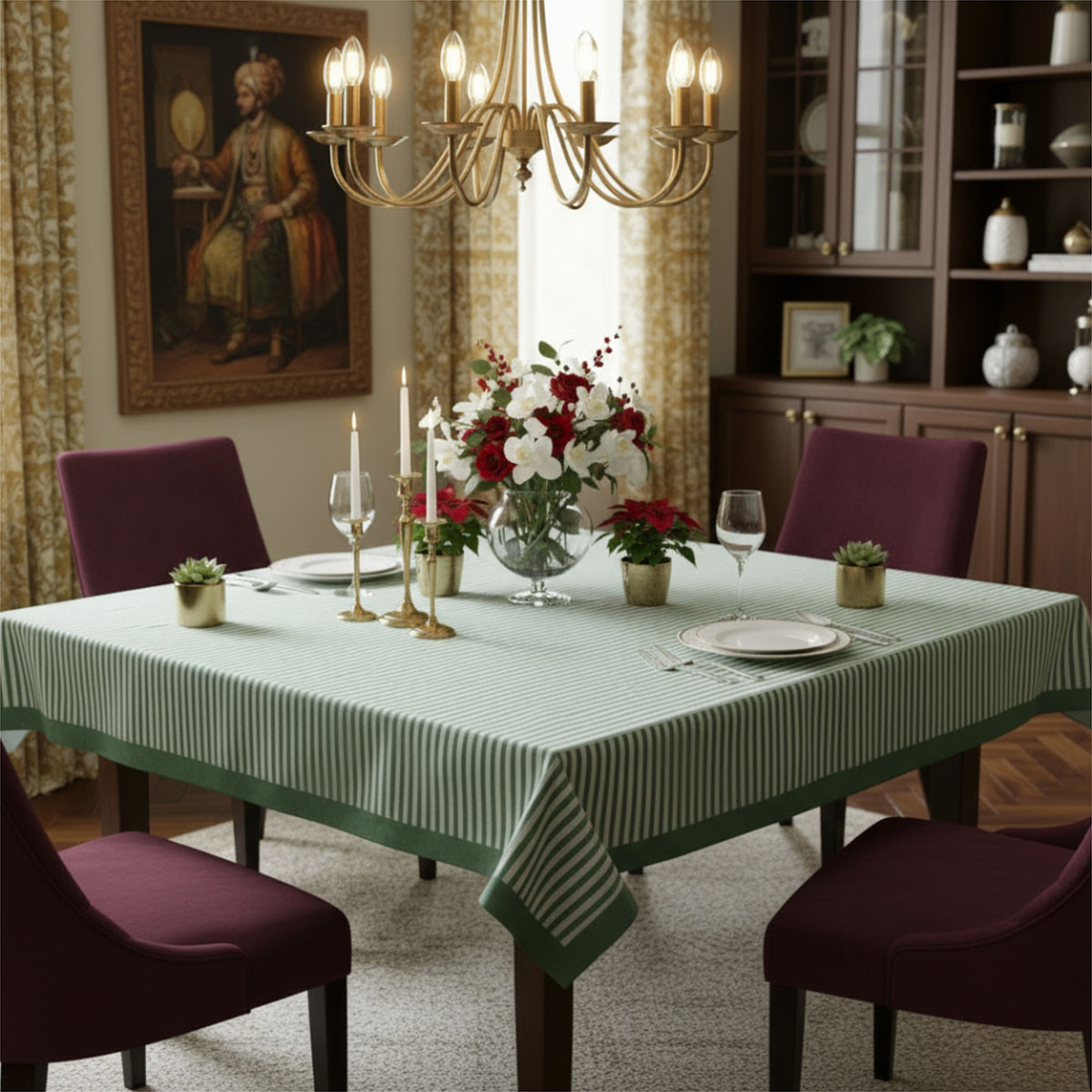 Wood Block Printed Handmade Tablecloth 150x220 cms Stripe Green Olive 202529