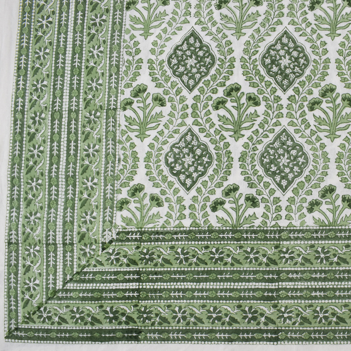 Wood Block Printed Handmade Tablecloth 150x220 cms  Trellis Shale Green 202517