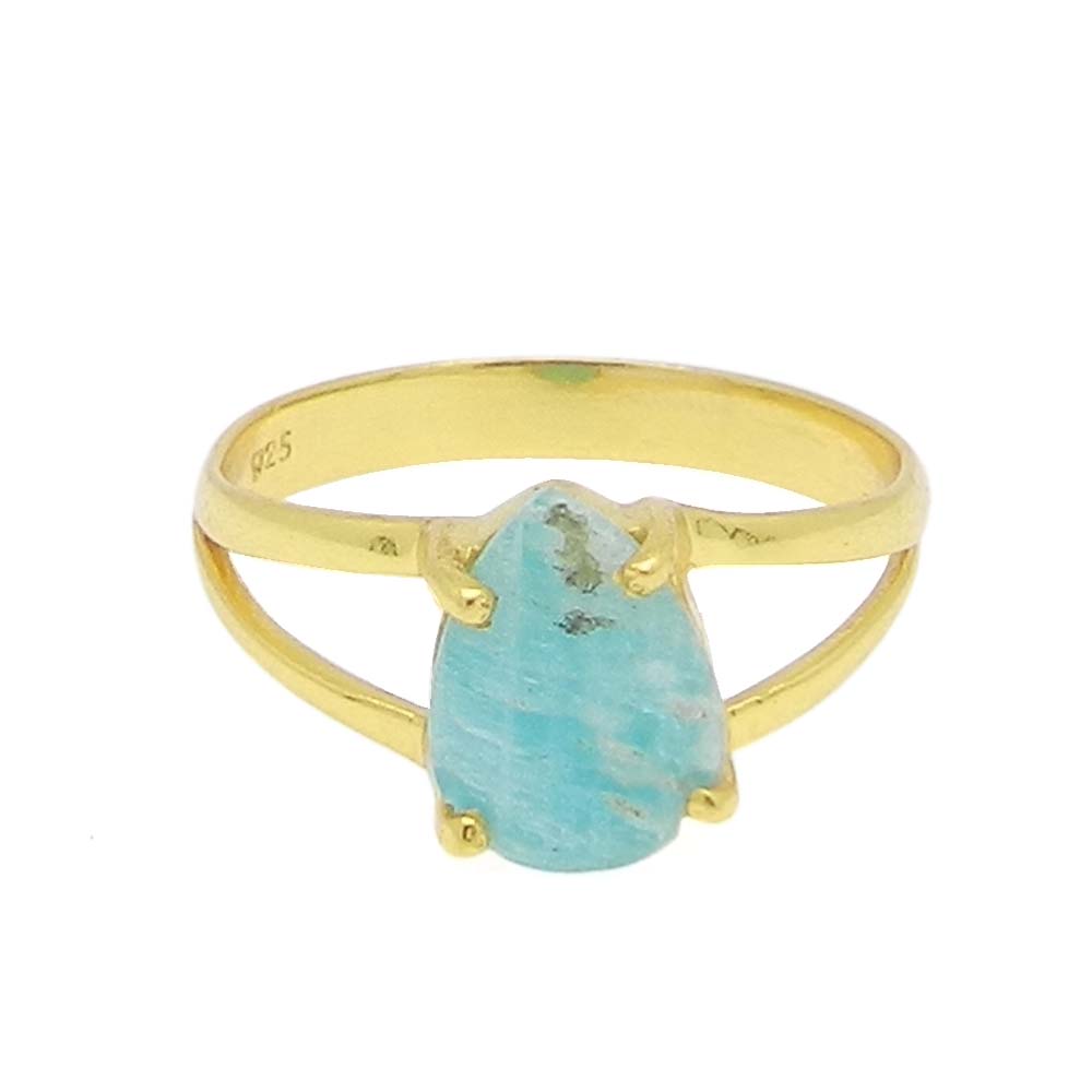 Amazonite 10x7mm Pear 18k Gold Plated and 925 Sterling Silver Prong Set Ring