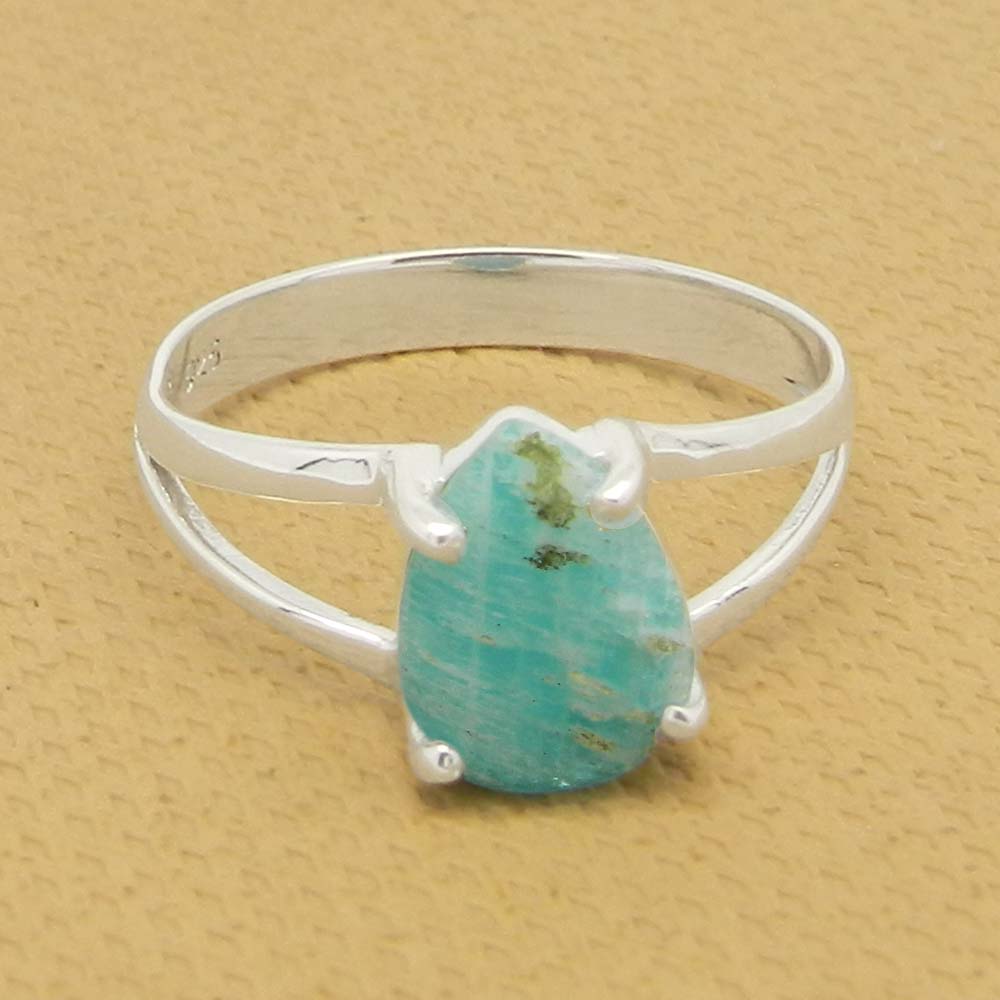 Amazonite 10x7mm Pear 18k Gold Plated and 925 Sterling Silver Prong Set Ring