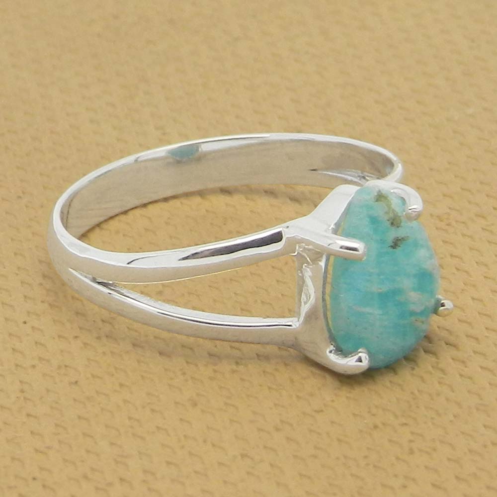 Amazonite 10x7mm Pear 18k Gold Plated and 925 Sterling Silver Prong Set Ring