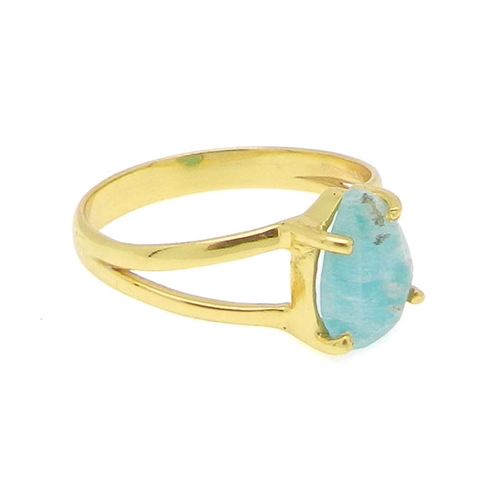 Amazonite 10x7mm Pear 18k Gold Plated and 925 Sterling Silver Prong Set Ring