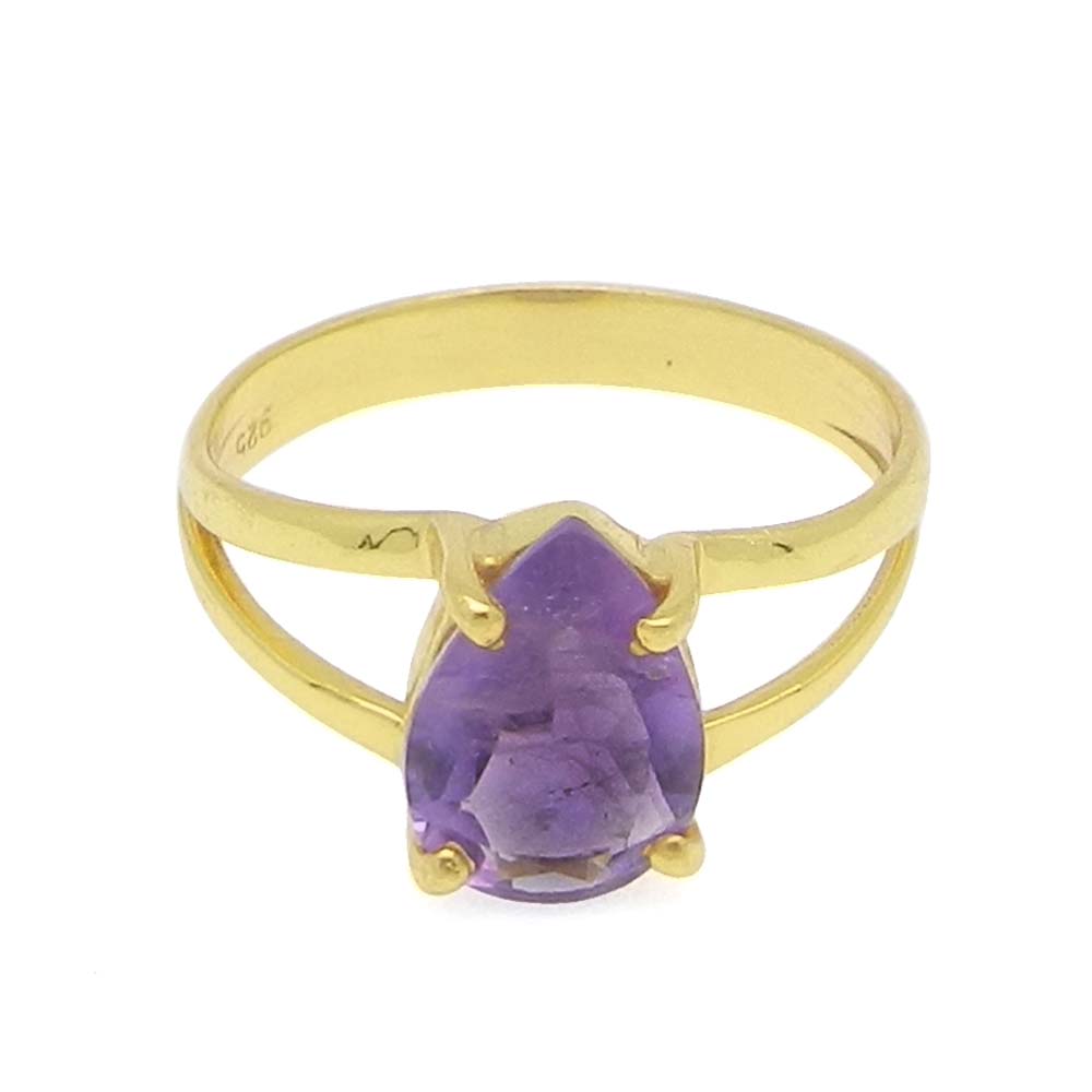 Amethyst 10x7mm Pear 18k Gold Plated and 925 Sterling Silver Prong Set Ring