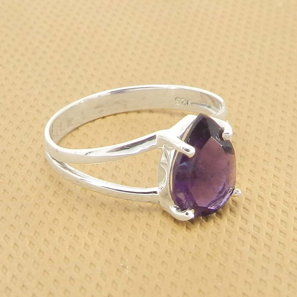 Amethyst 10x7mm Pear 18k Gold Plated and 925 Sterling Silver Prong Set Ring