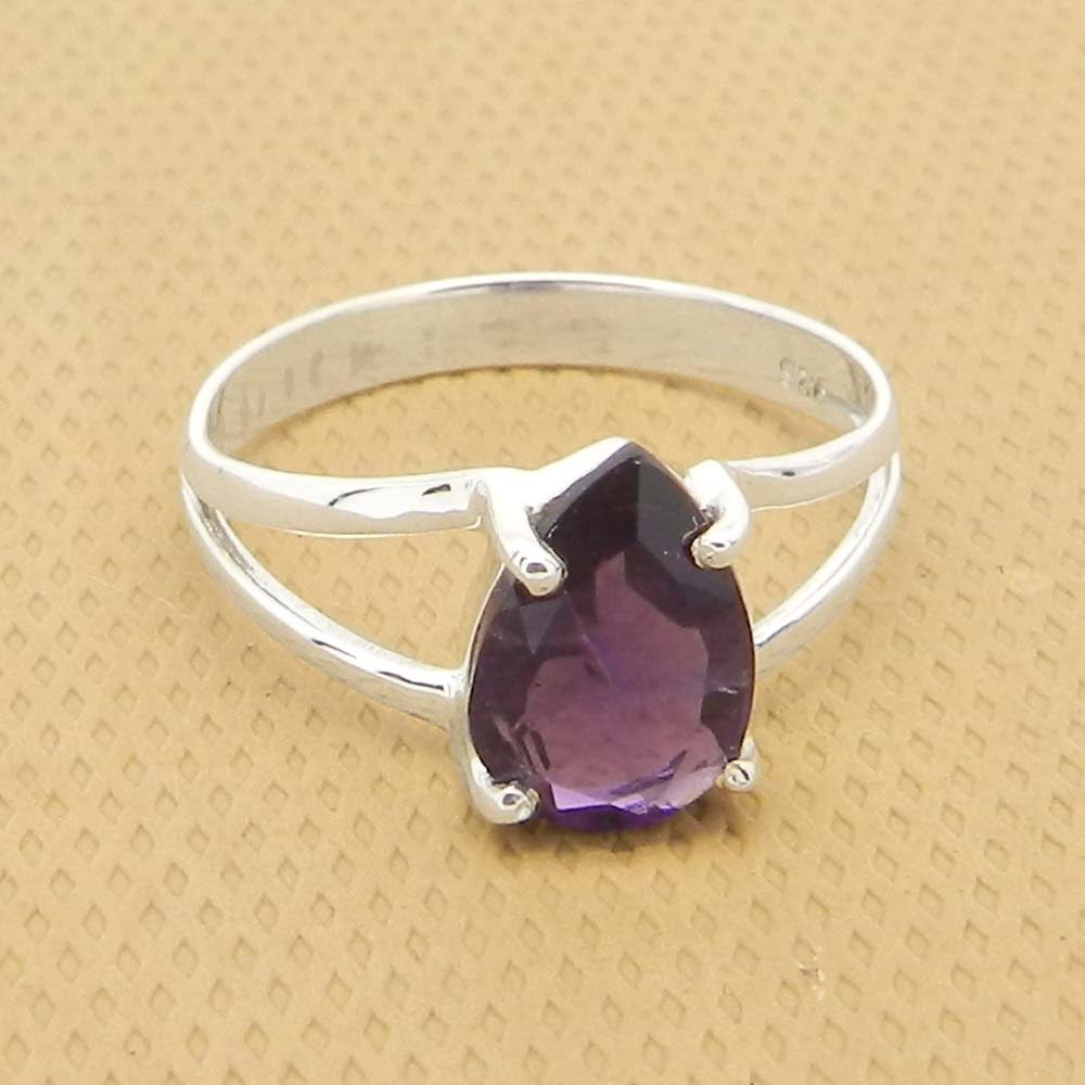 Amethyst 10x7mm Pear 18k Gold Plated and 925 Sterling Silver Prong Set Ring