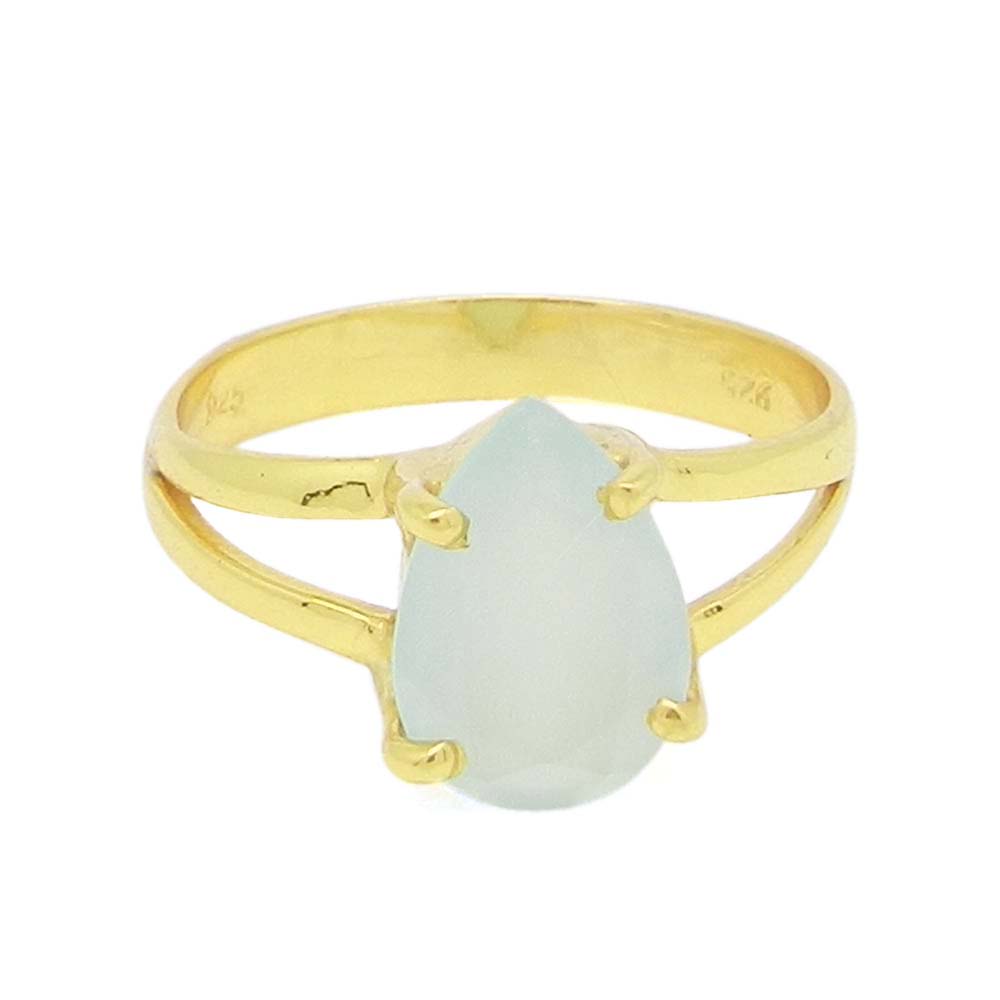 Aqua Chalcedony 10x7mm Pear 18k Gold Plated Silver Prong Set Ring