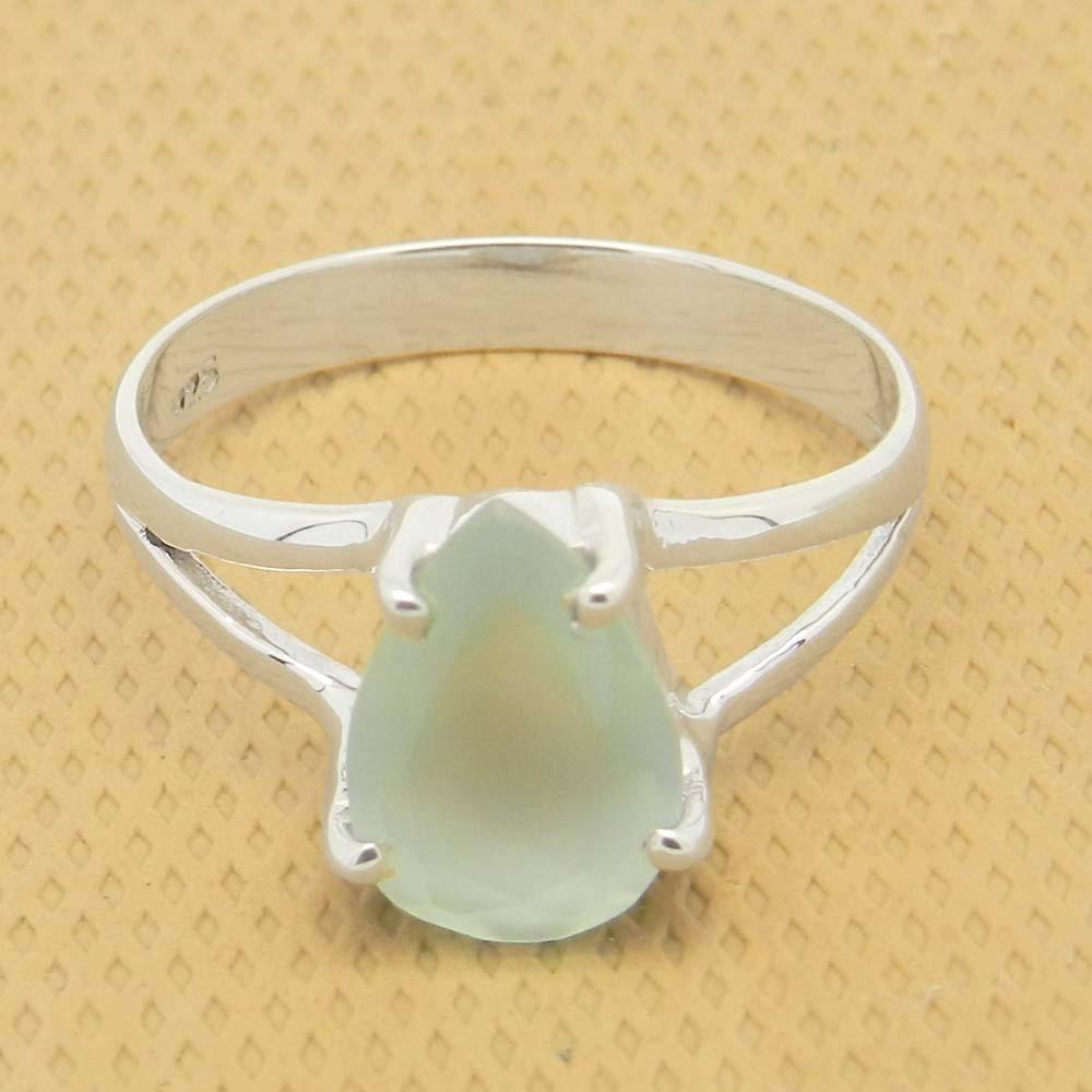 Aqua Chalcedony 10x7mm Pear 18k Gold Plated Silver Prong Set Ring
