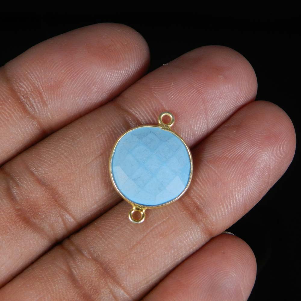Aqua Chalcedony 21x15mm Round 925 Sterling Silver Gold Plated Double Loop Connector 100 Gms