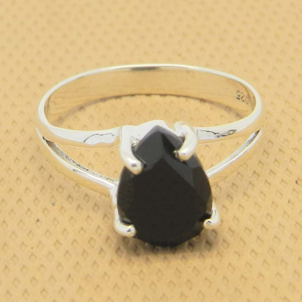 Black Onyx 10x7mm Pear 18k Gold Plated Silver Prong Set Ring
