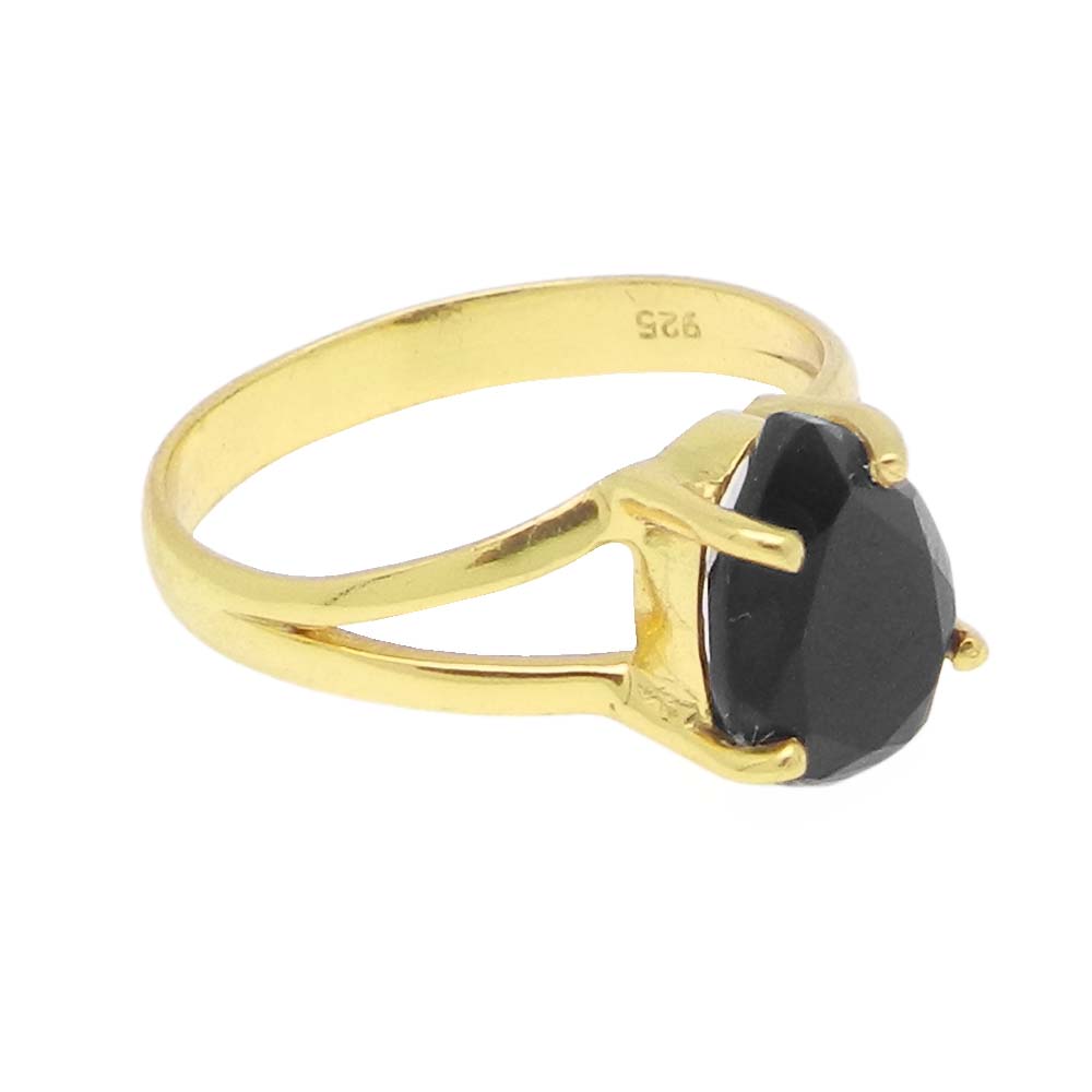 Black Onyx 10x7mm Pear 18k Gold Plated Silver Prong Set Ring