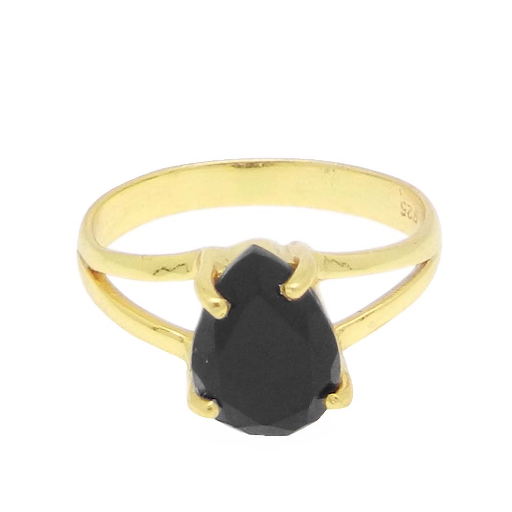 Black Onyx 10x7mm Pear 18k Gold Plated Silver Prong Set Ring